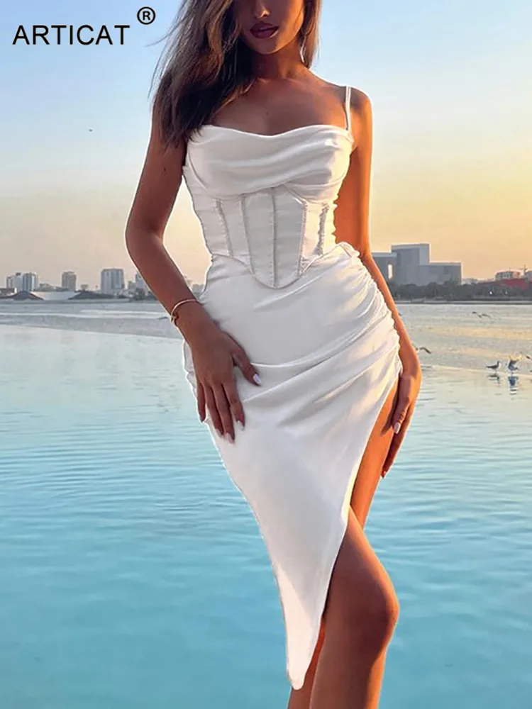 

Articat Sexy High Slit Ruched Women Dress White Spaghetti Strap Diamonds Zipper Dresses Female Summer Skinny Party Clubwear 2022