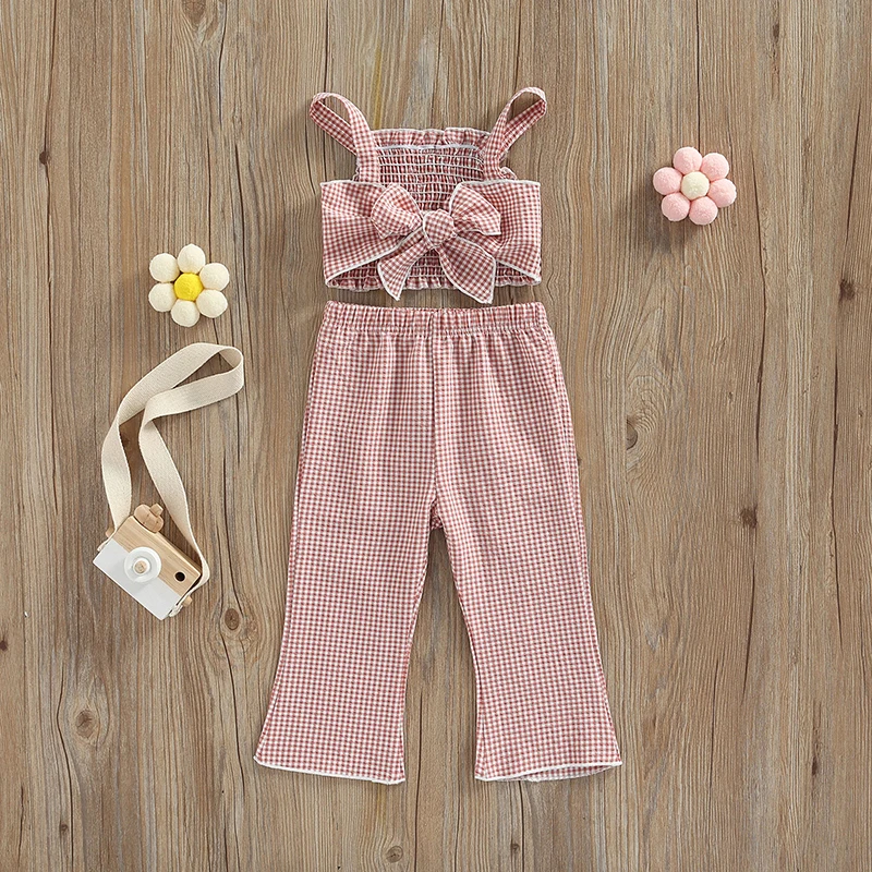 

1-5YFashion Summer Little Girls Plaid Outfit Toddler Sleeveless Backless Ruched Lace Bow Short Suspender Tops Long Pant 2pcs Set
