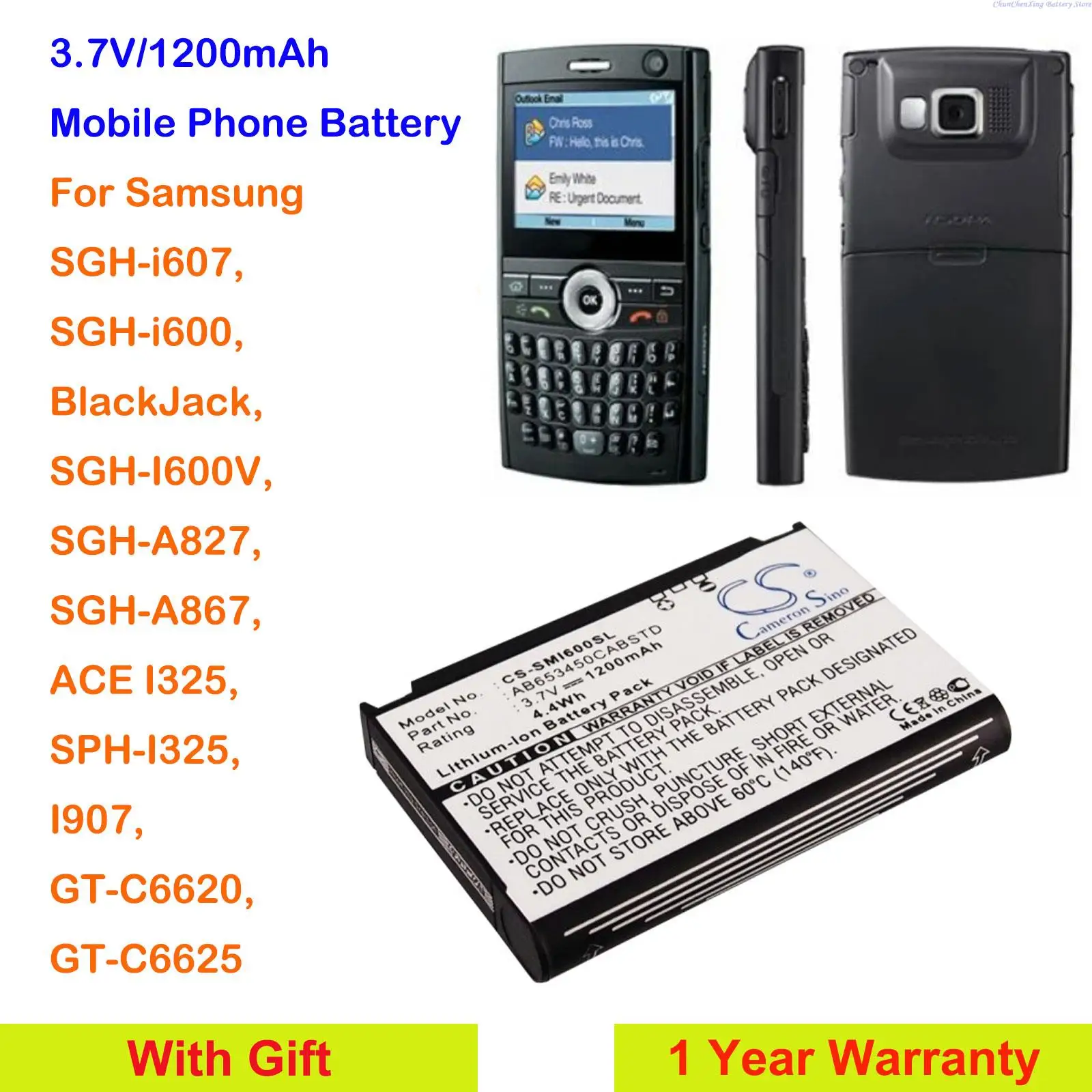 Аккумулятор Cameron Sino 1200 мАч AB653450CE,AB663450CU для Samsung Φ, I600V,A827,A867,I325,I907,C6620,C6625,C6625v Аккумулятор Cameron Sino 1200 мАч AB653450CE,AB663450CU для Samsung Φ, I600V,A827,A867,I325,I907,C6620,C6625,C6625v