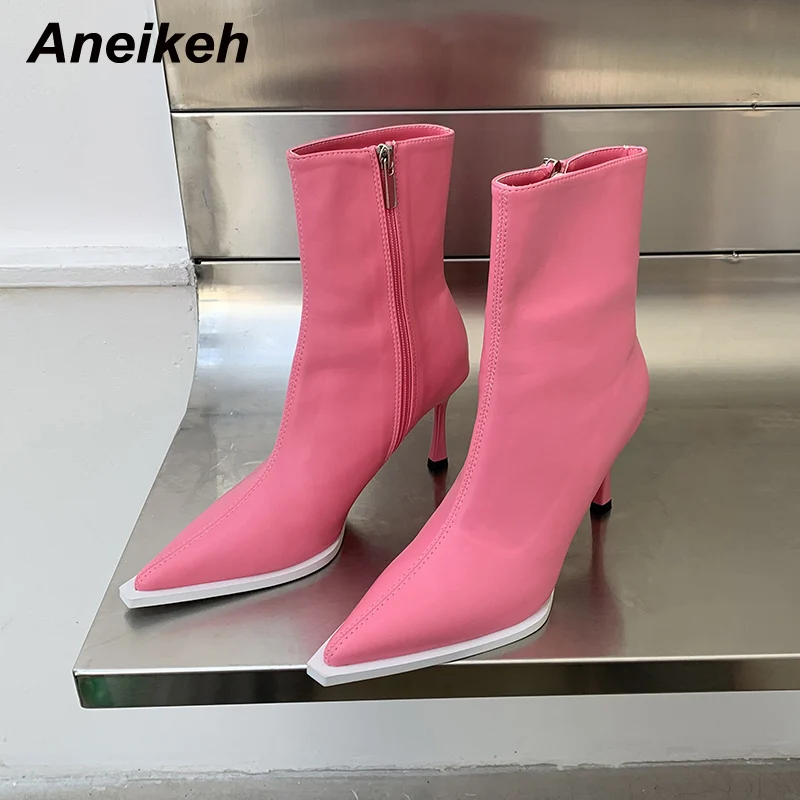 

Aneikeh 2023 New Fashion Concise PU Solid Pointed Toe Thin High Heel Women Chelsea Boots Zippers Party Dress Shoes Size 35-39