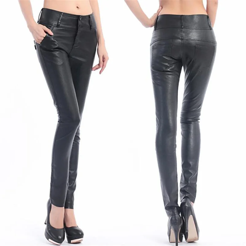 Autumn fashion motorcycle faux leather pants womens feet pants splice tight pu trousers for women personality black