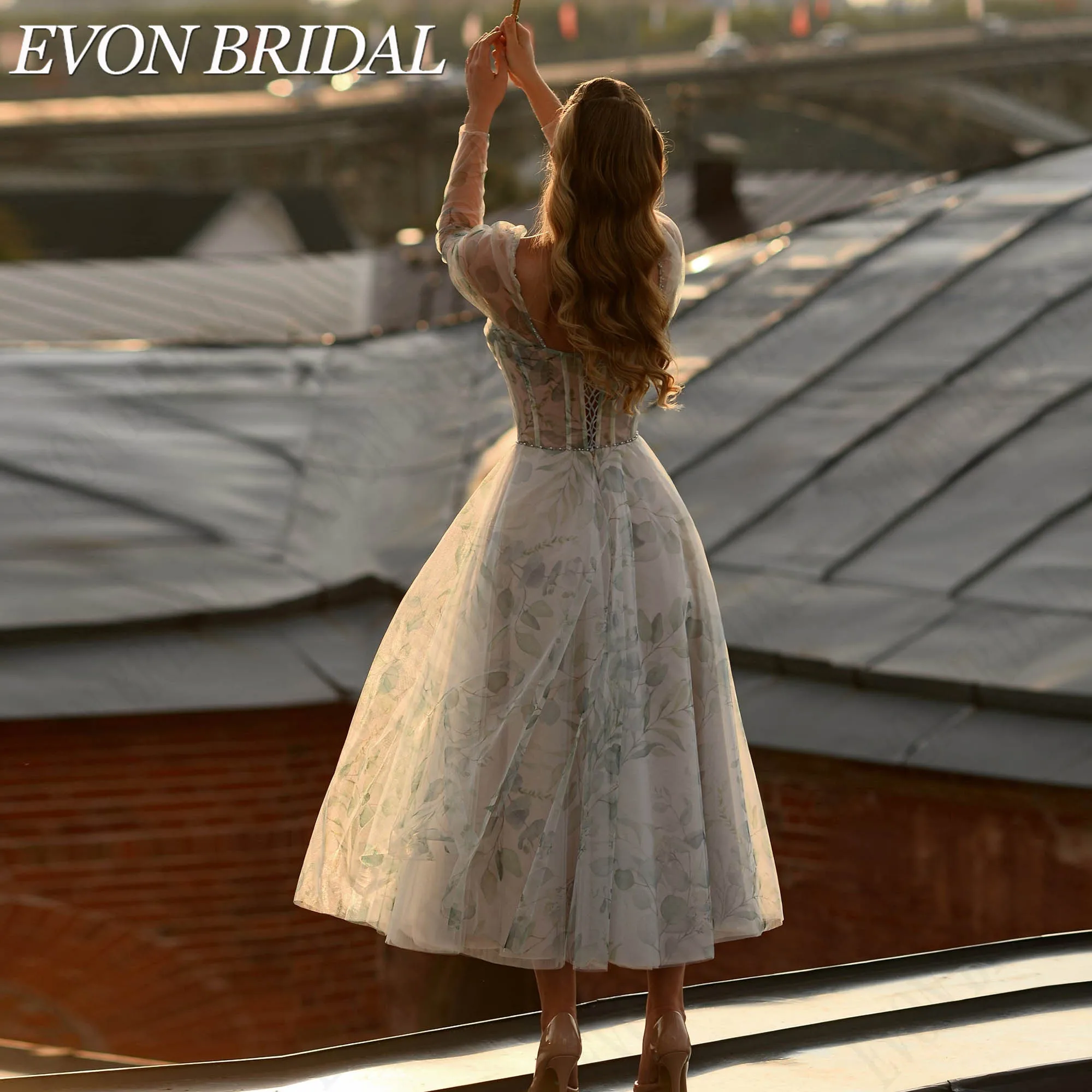 Фото EVON BRIDAL Платья На Выпускной А-Силуэт Из Тюля Чайная Длина Сердечный Вырез Пышные Короткие Рукава Прилегающий Корсет Изготовлено На Заказ Платье На День Рождения Элегантное Платье На Бал Роскошное Платье На Галa №2