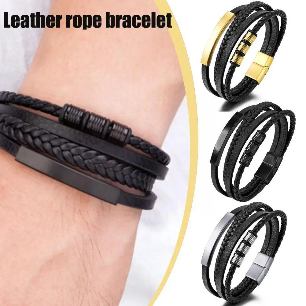 Плетеные кожаные браслеты для мужчин, 21 см