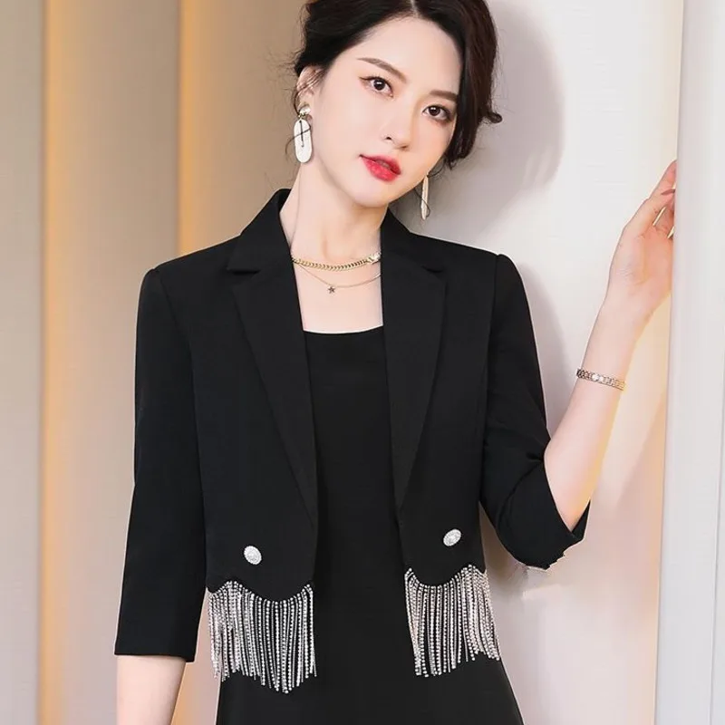 

Short Tassel Small Suit Jacket Female Spring And Summer Fashion Temperament Single Buckle High-End Fried Street Female Blazers