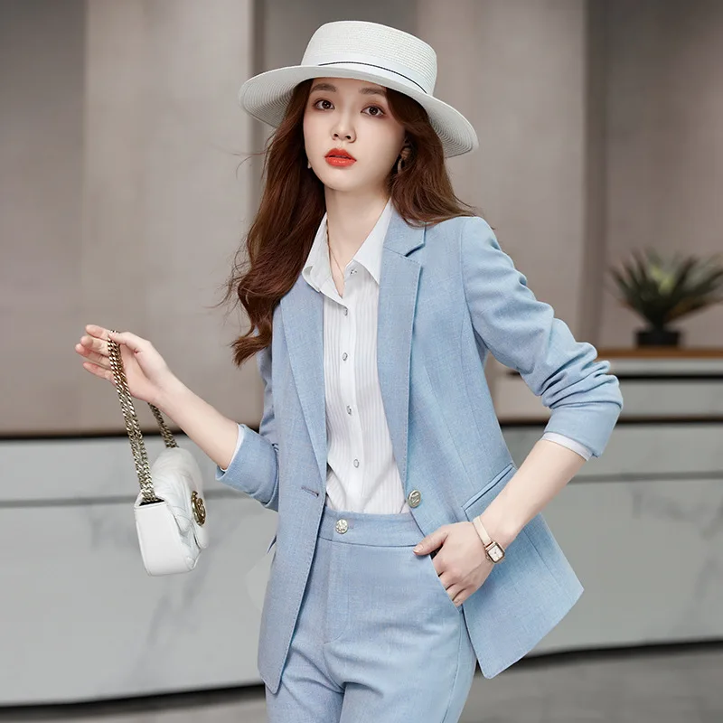 Женский офисный костюм из двух предметов синий плиссированный брючный с длинным