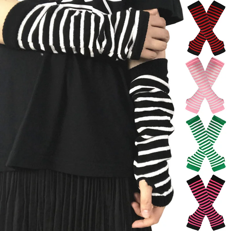 

Women Long Fingerless Gloves Autumn Winter Fashion Knitted Striped Gloves Arm Cover Elbow Warm Mittens Cotton Long Wrist Sleeves