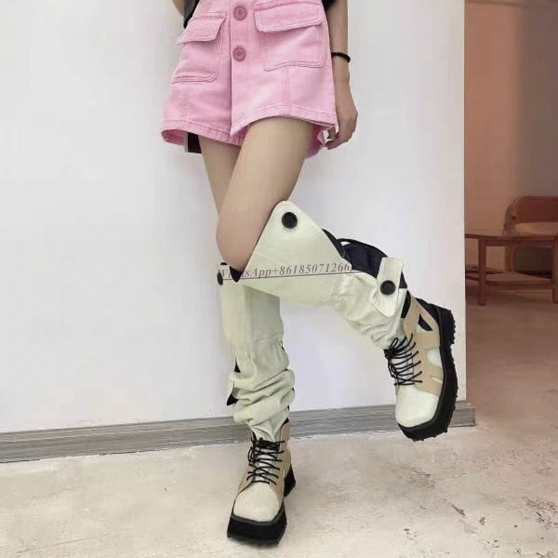 Over-the-knee Boots Women's 2022 New Square Toe Thick Heel Drawstring Stitching Thick-soled Casual Fashion Boots for Women