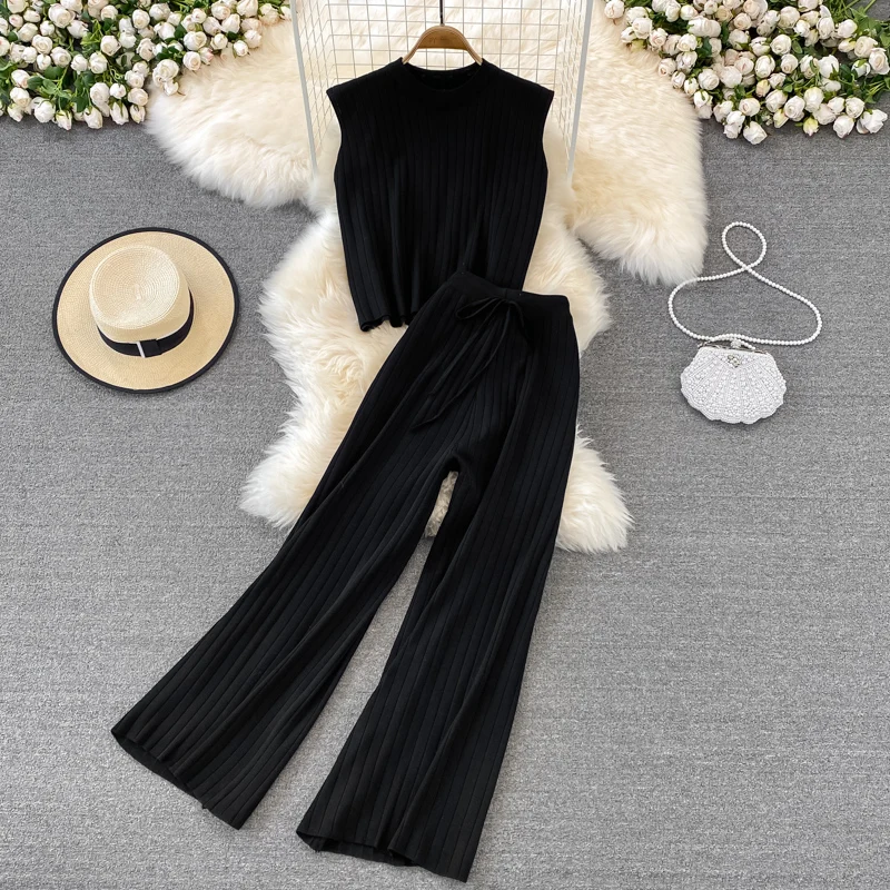 

Nomikuma Womens Two Peice Sets Spring Autumn Sleeveless Wide Leg Drawstring Conjuntos Feminino Retro Casual Set Women 2 Pieces