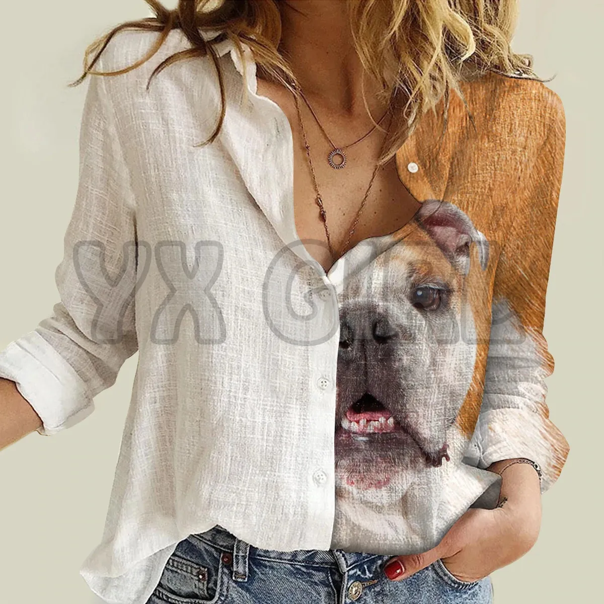 YX GIRL Half Angel Half English Bulldog Women's Long-Sleeve Shirt 3D Printed Button-down Shirt Casual Unique Streewear