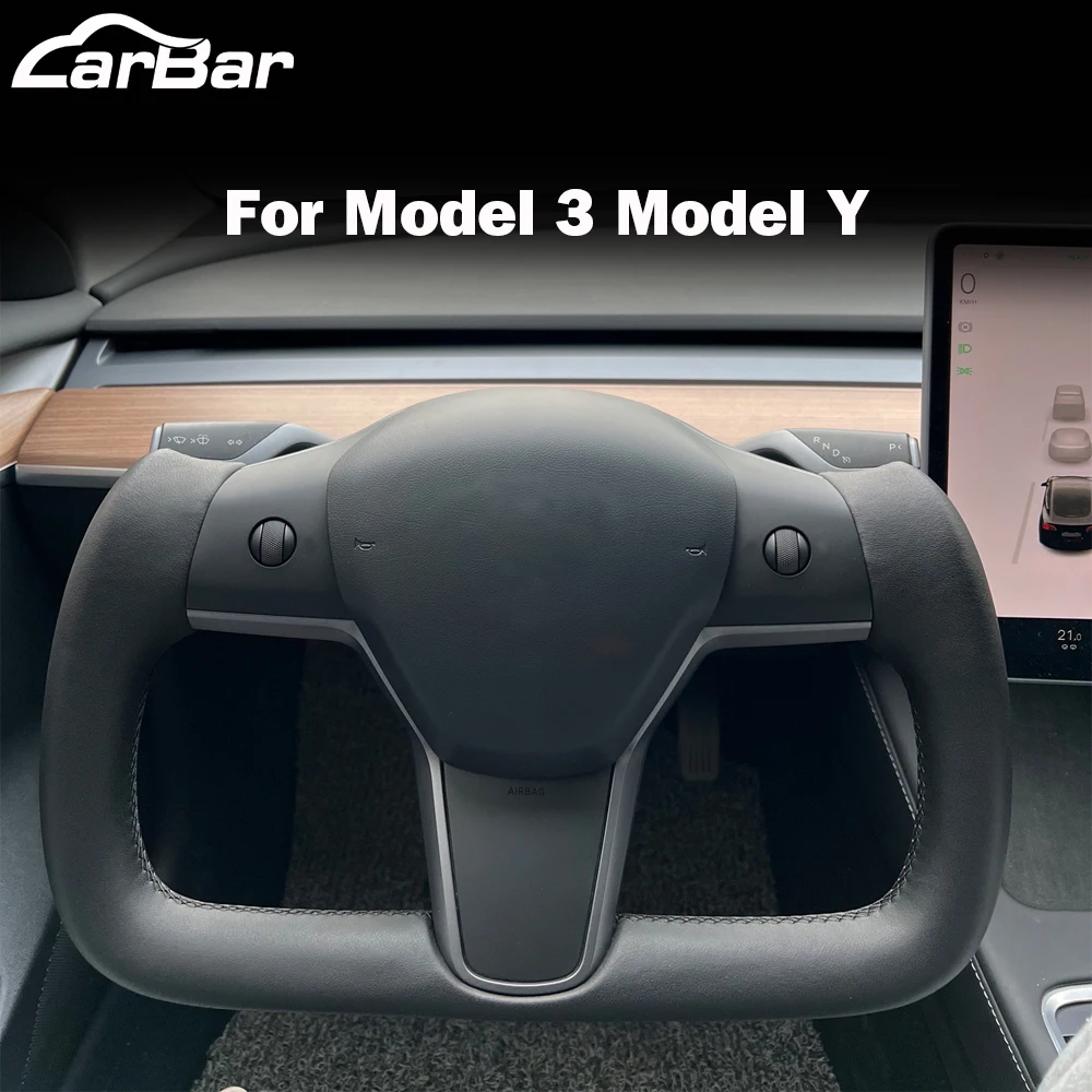 Carbar Yoke Steering Wheel Racing For Tesla Model 3 Model  Y 2017-2022  Leather Carbon Fiber Black White Color Heating Optional
