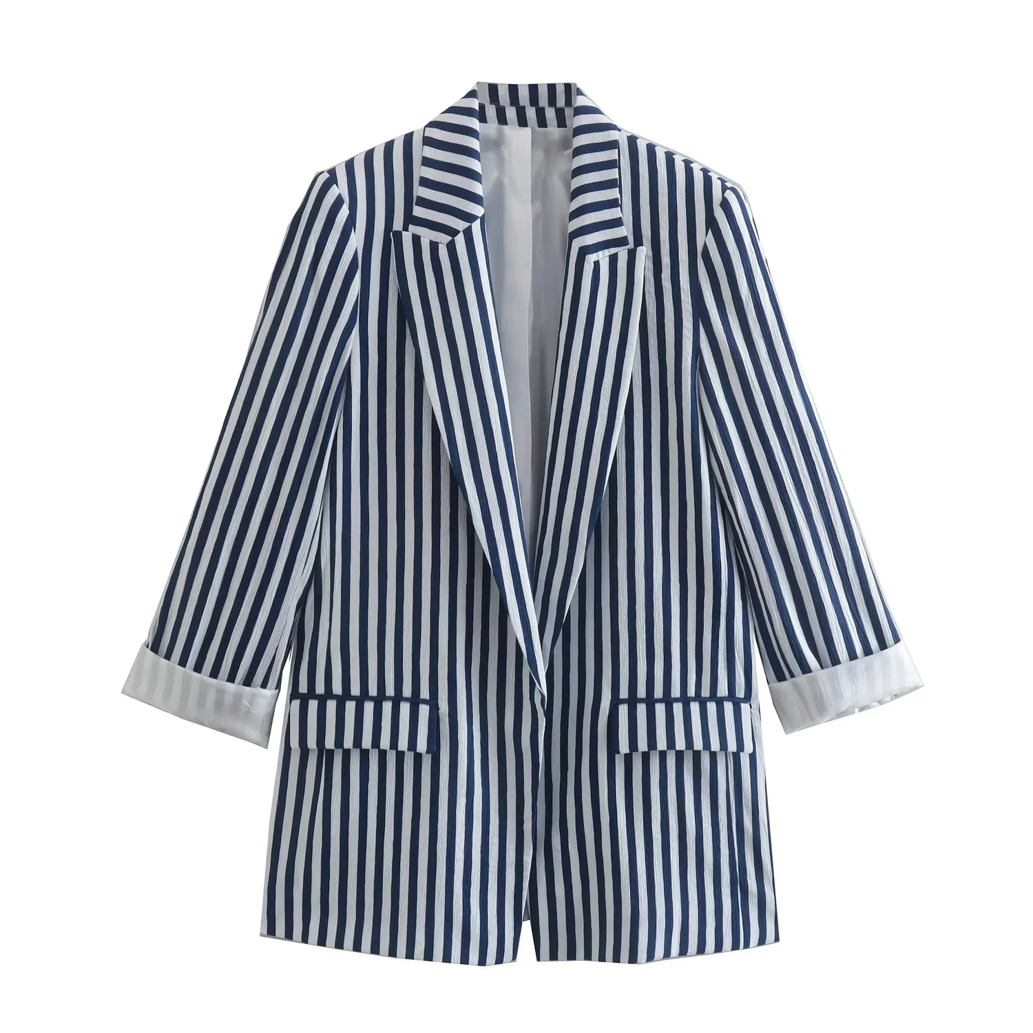 Dave&Di Striped Loose Roll Up Sleeve Casual Blazers Women England Style Fashion Simple Blue Jacket