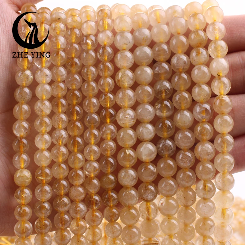 Natural Yellow Rutilated Quartz Stone Beads 6 8 10mm Round Loose Spacer Beads For Jewelry Making DIY Bracelets Accessories 15''