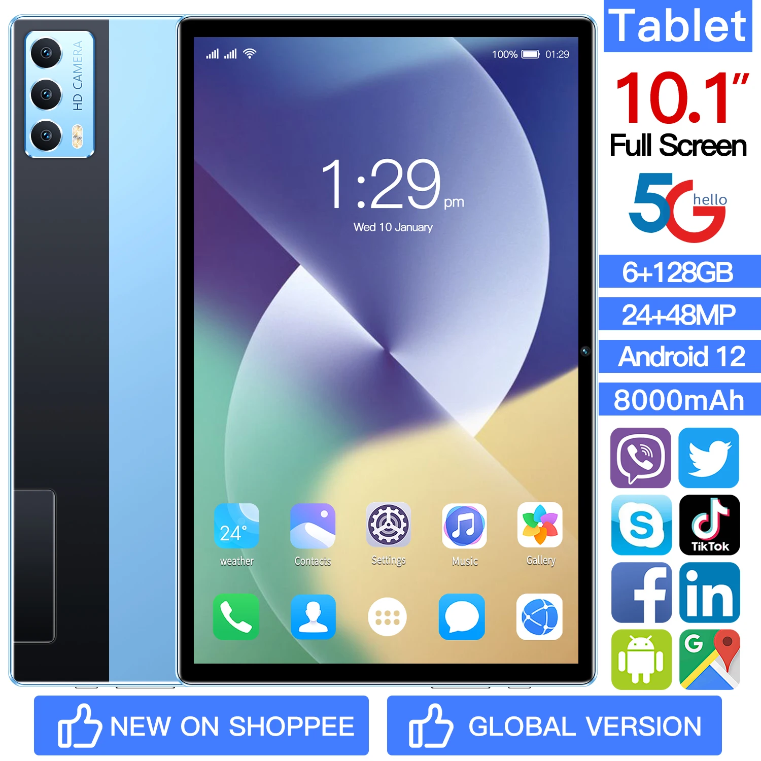 

10,1-дюймовый планшет Android 12, 10,1 ГБ, Qualcomm 128, 870 мАч