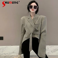 womens office houndstooth design lace up long sleeve suit coat 2022 spring irregular womens plaid elegant jacket suit woman