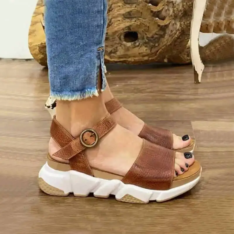 

Women New Fashion Flat Sandals Pu Vintage Leopard Wedge Sandals 2022 Flat Buckle Casual Women's Shoes Outer Wear Beach Slippers
