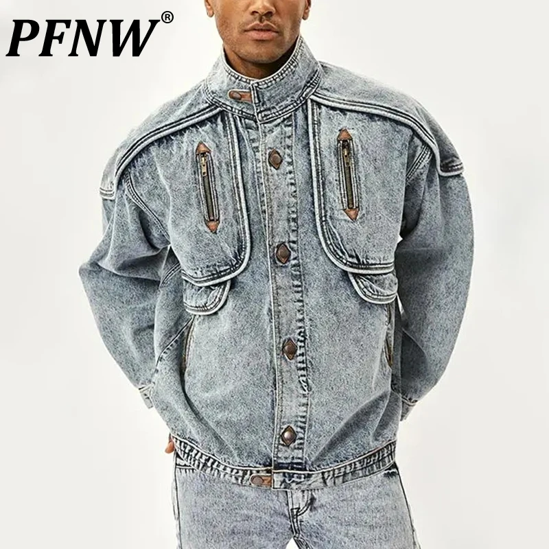 

PFNW New Vintage Denim Jackets Men Slim Solid Casual Jean Coat Fashion Stand Collar Moto Biker High Street Tide Outwears 12A5983
