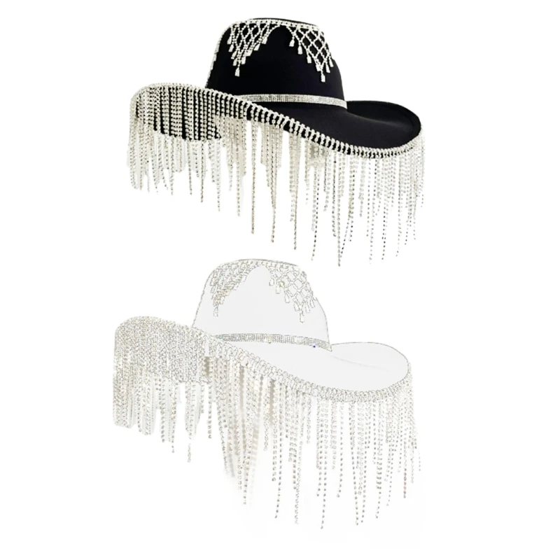 

F42F Teens Girl Rhinestones Tassels Hat Musical Festival Cap Women Photography Hat