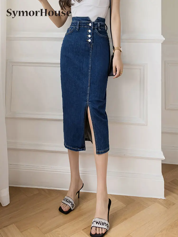 

2022 Summer Denim Skirt Women High Waist Button Split Bodycon Pencil Skirts Elegant Slim Skinny Midi Jean Skirts Female