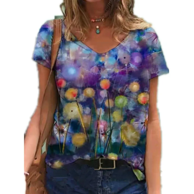 

2022 Summer 3D Dandelion Flower Print T-shirt Women Casual Short Sleeve V-Neck Loose Tops Plus Size 4XL 5XL