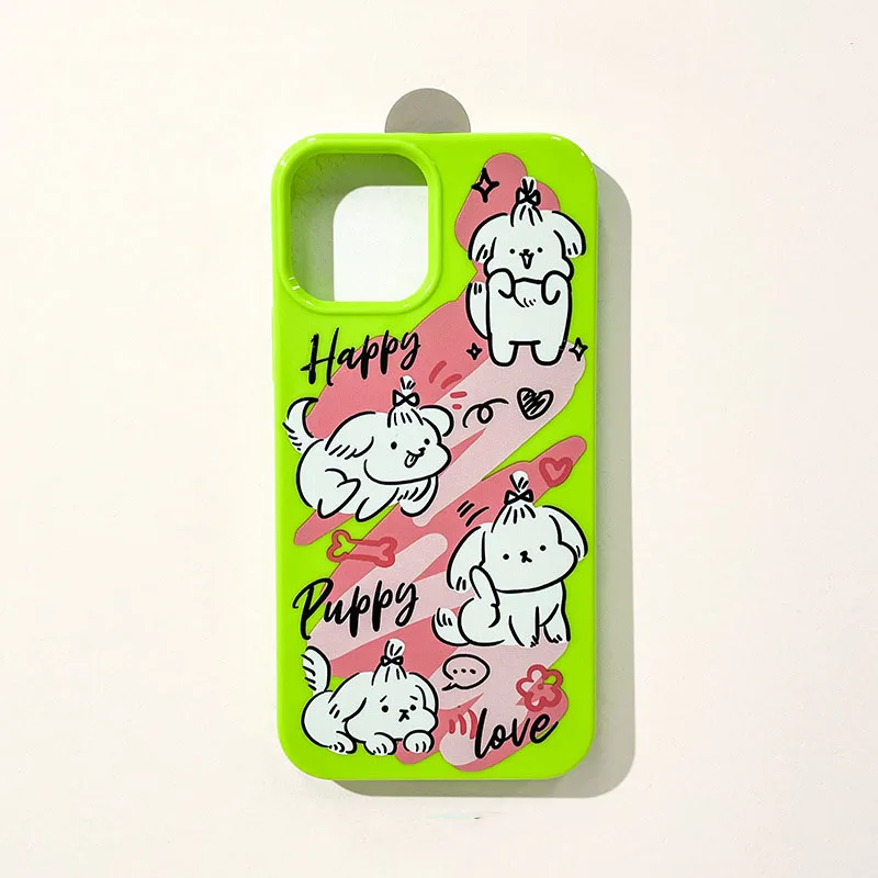 

Cute Cartoon White Puppy Green Mobile Phone Case for IPhone11 12 13 14 Pro Max Mini X XS XR 7 8 Plus SE2 Soft Silica Gel