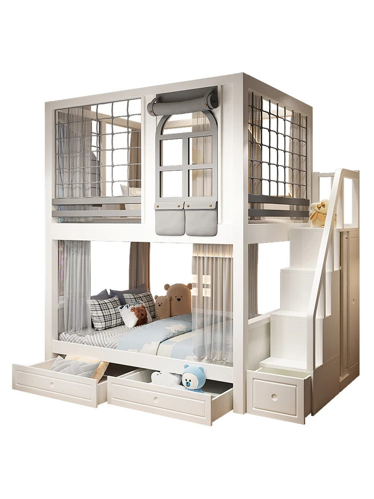 Детская кровать с высоким поручнем двойная одинаковой ширины верхняя и нижняя