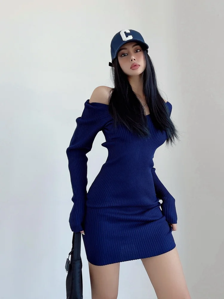 

TVVOVVIN Pure Sexy Slim Off Shoulder Knit Sweater Mini Dress Spice Girl V-neck Knit Dresses Sweet Korean Women Autumn Winter 8PG