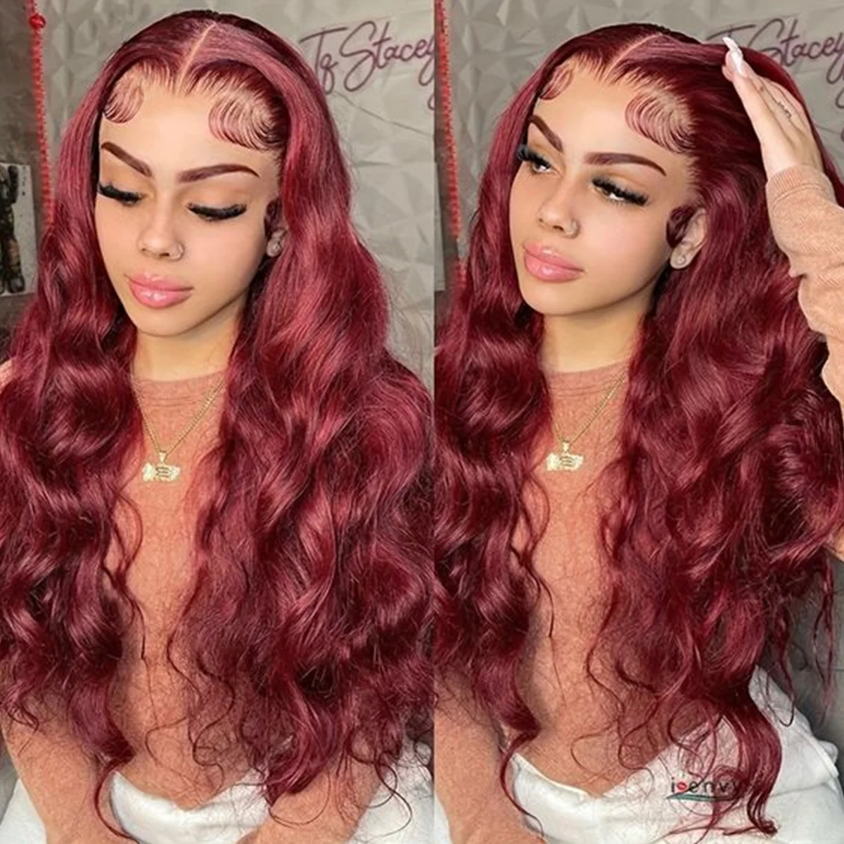 99j Парик Из Натуральных Волос 180 Плотность Темно-бордовый Объемная Волна