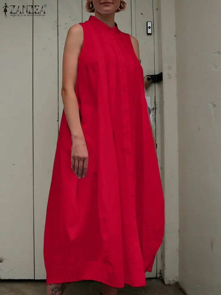 

Платье ZANZEA женское оверсайз без рукавов, повседневное Длинное свободное Плиссированное Макси-Платье на пуговицах, модная уличная одежда с ...