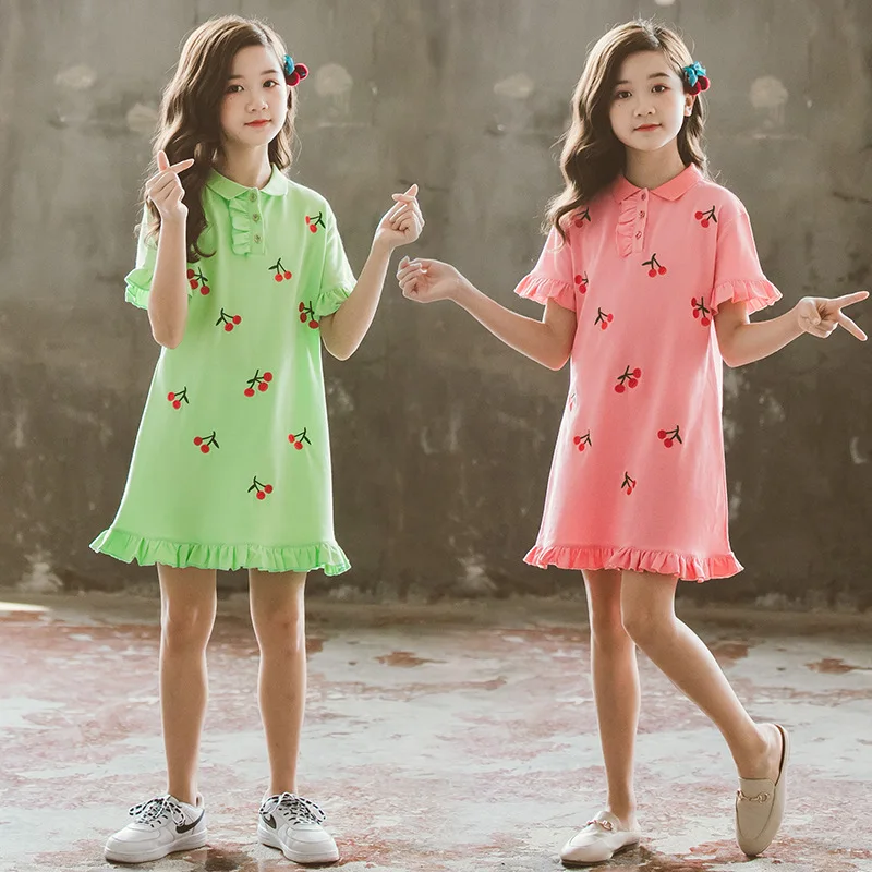

Летнее платье для девочек, модное платье с коротким рукавом и вышивкой вишни, хлопковое платье с оборками для девочек-подростков 8, 10, 12 лет, п...