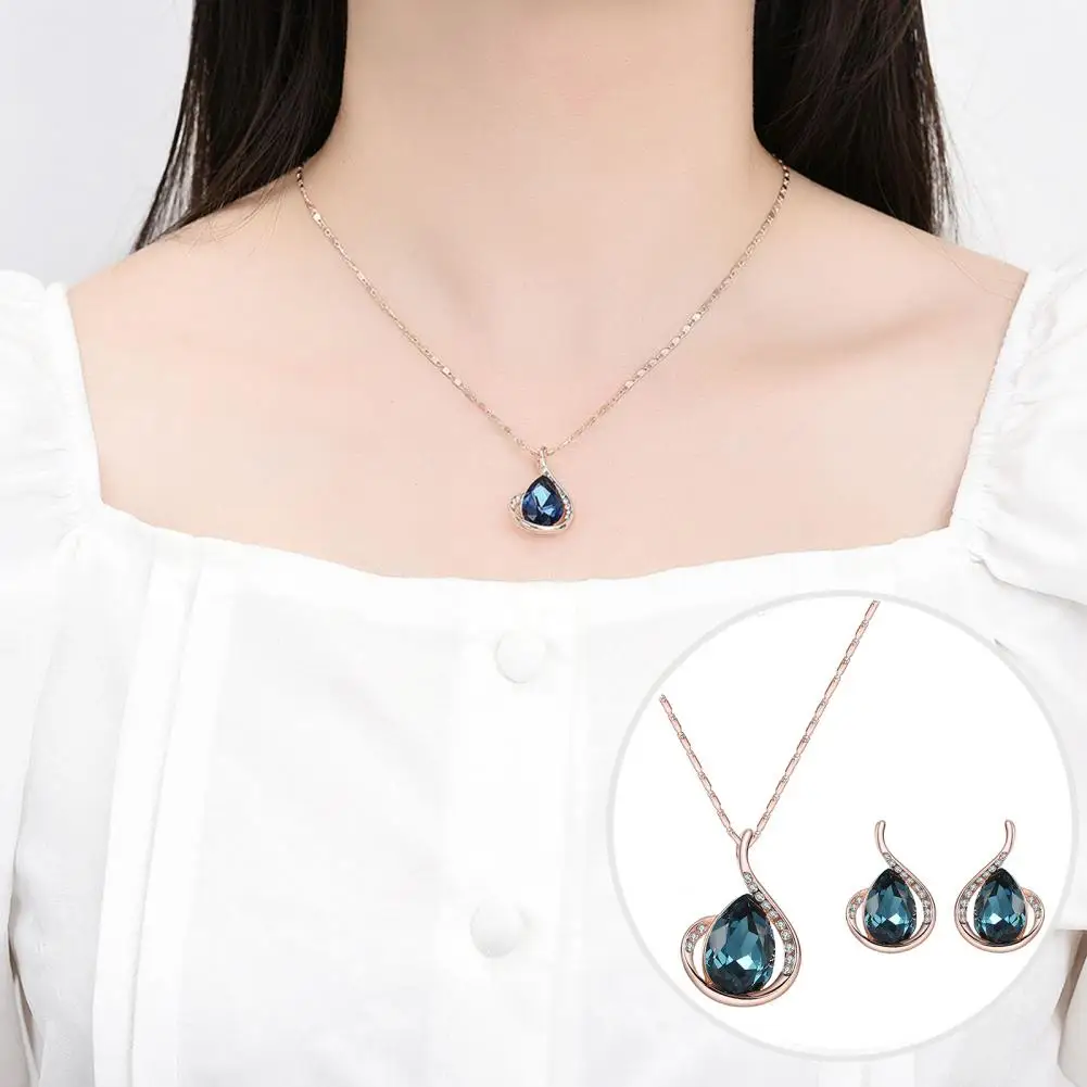 

1 Set Necklace Earrings Shining Water Drop Shape Bright Luster Temperament Dress Up Electroplating Women Faux Crystal Jewelry