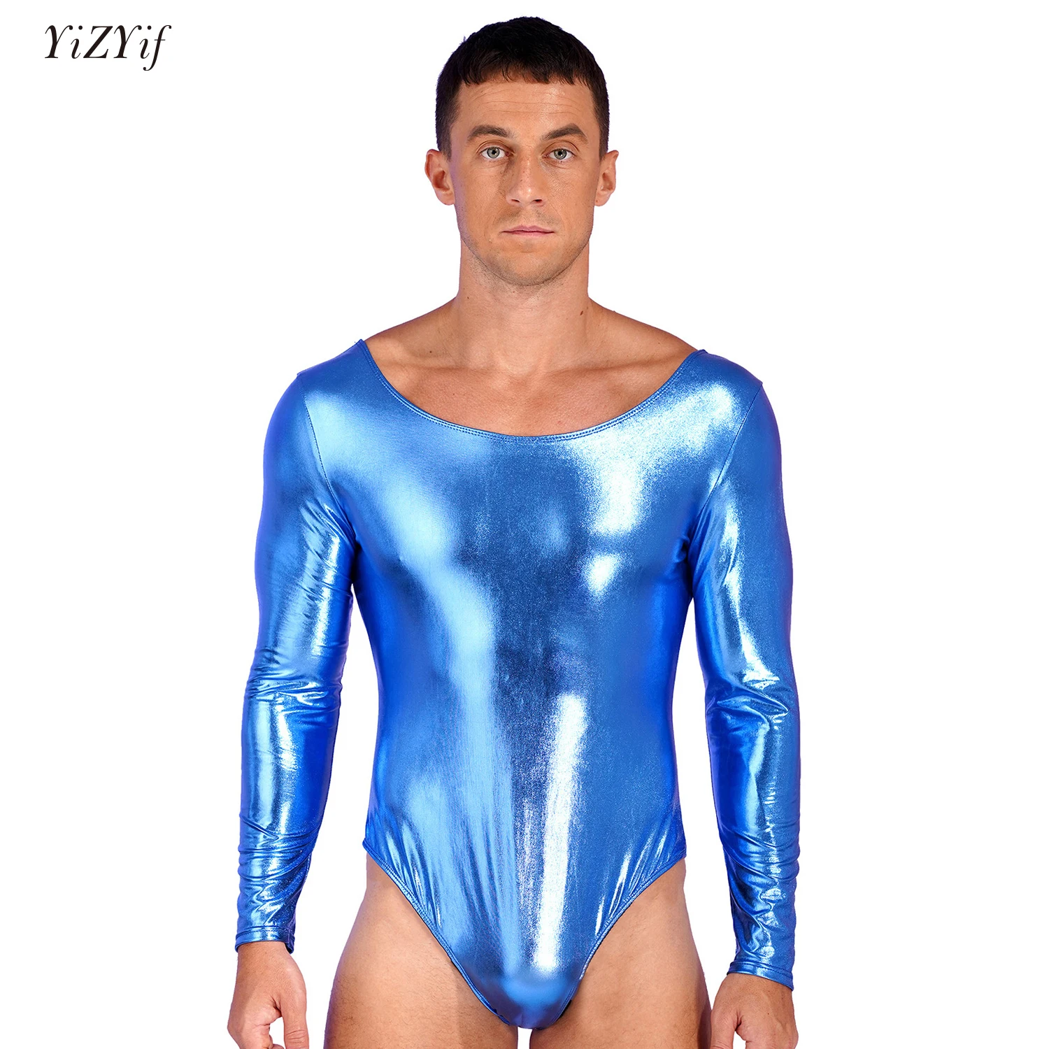 

Mens One-piece Shiny Metallic Bodycon Leotard Patent Leather Long Sleeves Bodysuit Male Jumpsuit Clubwear Dancewear