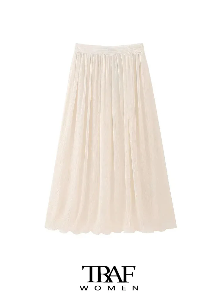 

TRAF Women Fashion Pleated Midi Skirt Vintage High Waist Side Zipper Female Skirts Mujer