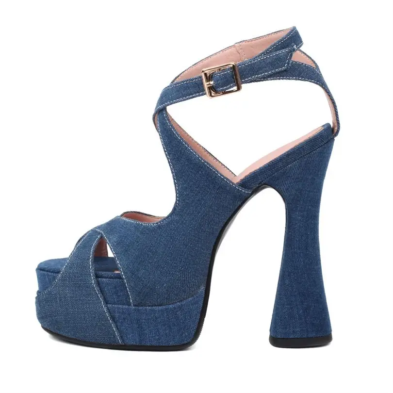 

Джинсовые женские сандалии 2023 на высоком каблуке с открытым носком, соблазнительные элегантные гладиаторские классические туфли-лодочки, туфли на толстой высокой платформе с открытым носком