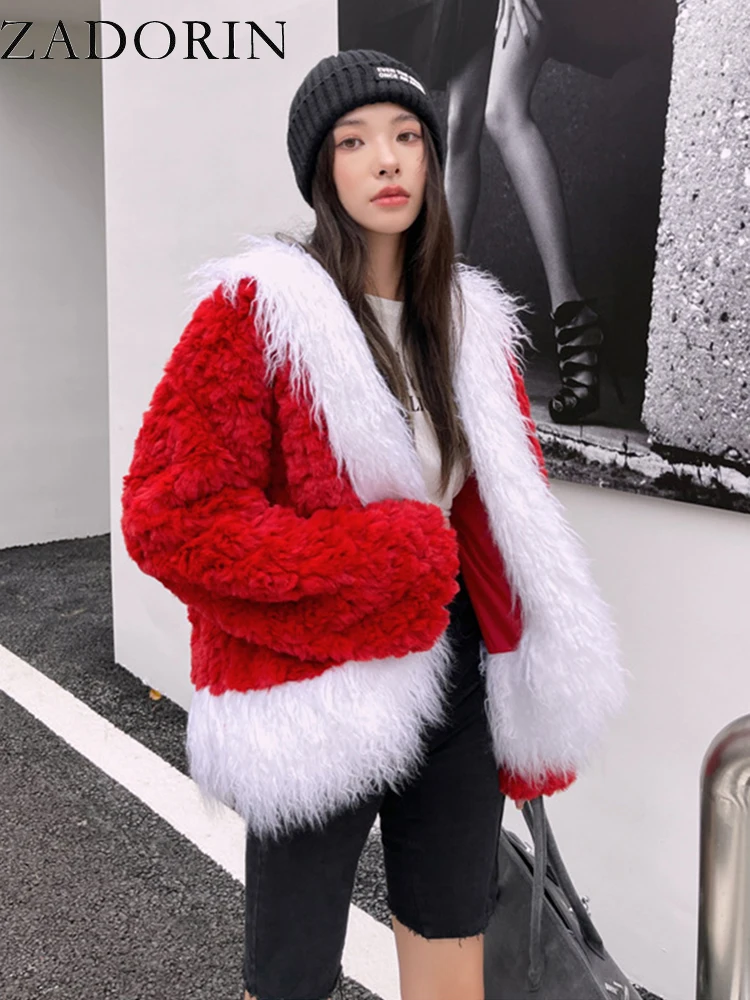 

ZADORIN 2023 зимнее пушистое пальто, женская модная Рождественская красная шуба из искусственного кроличьего меха, Женская куртка оверсайз из искусственного меха, праздничная одежда