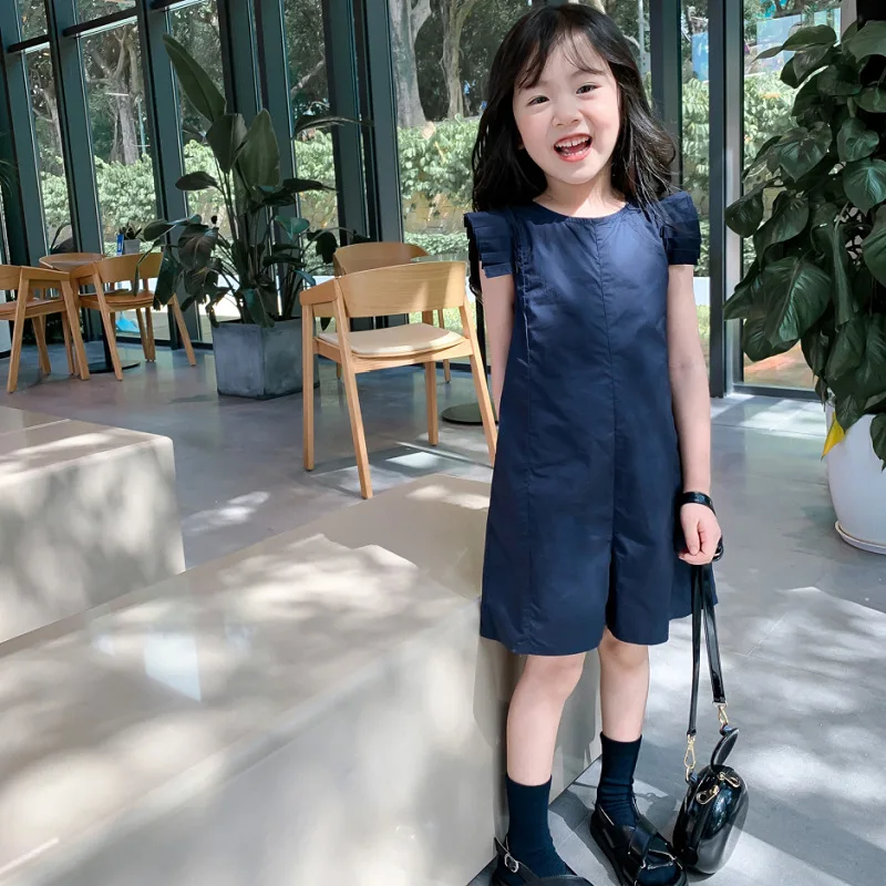 

Summer Casual Baby and Girls Cotton Navy Ruffled Sleeves Back Zip Bodysuits Kids Lovely Short Jumpsuits Children Outfits 2-8Yrs