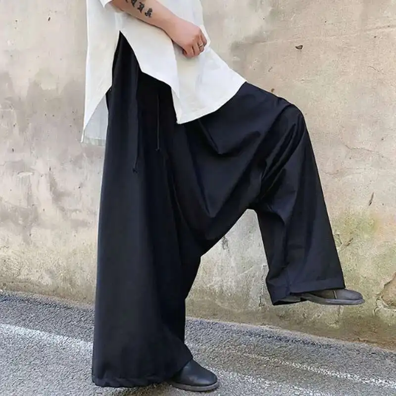 Assimétrico Solto Preto Homens Estilo Japão Kimono Design Cruz Casual Mascuas Хип-хоп Уличная одежда Harem Calças De Perna