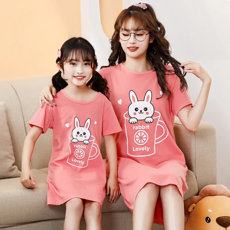 

Cartoon Nightgown for Girls Summer Cotton Pyjamas Teen Girls Sleepwear Short Sleeves Teenage Nightdress Children's Home Dress