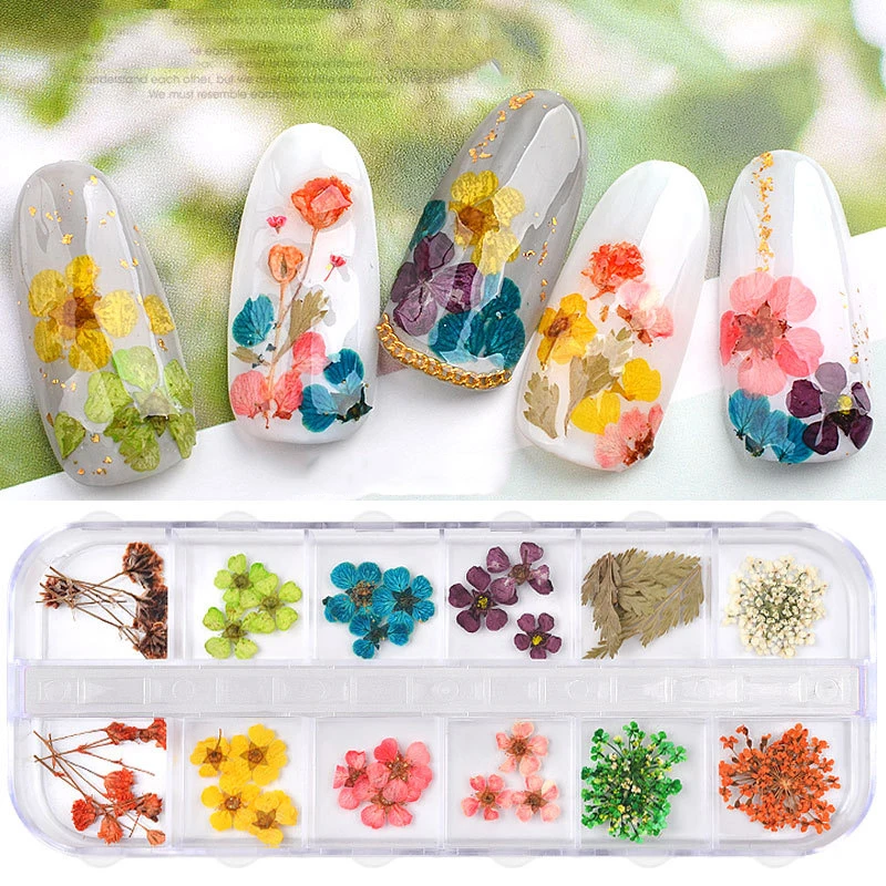 

12 Style Dried Flowers Nail Decorations Natural Floral Sunflower Daisy Stickers 3D Nail Art Designs Polish Manicure Accessories