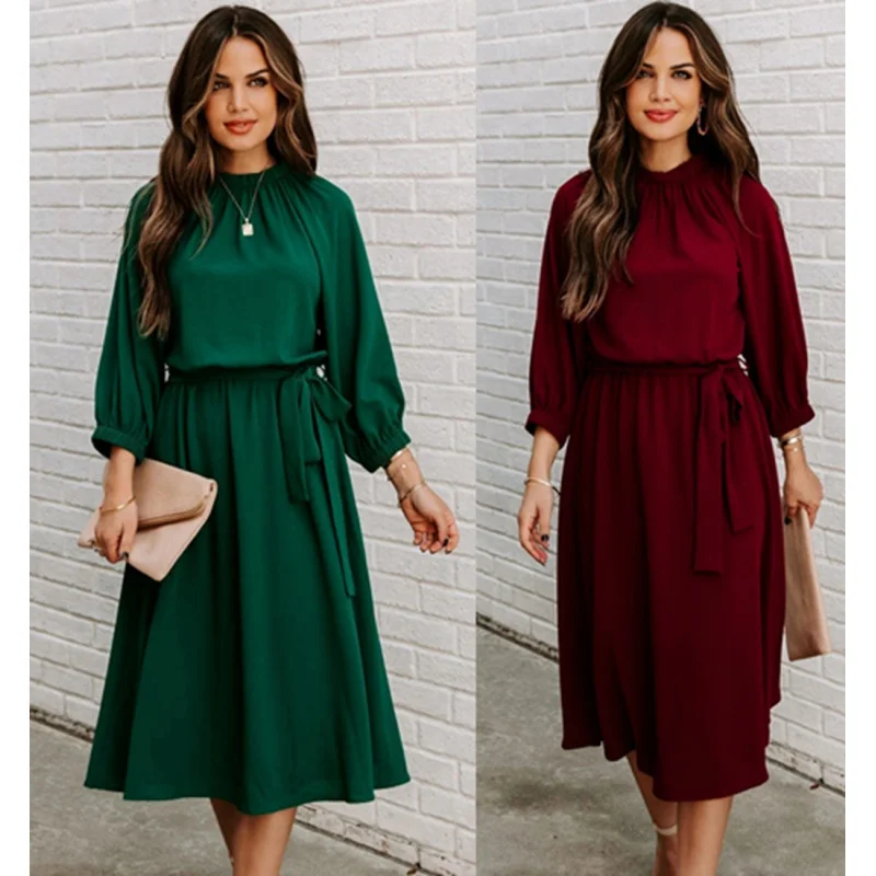 

Cross-Border AliExpress European and American Spring and Autumn New Temperament Pure Color round Neck Tied Large Swing Mid-Lengt