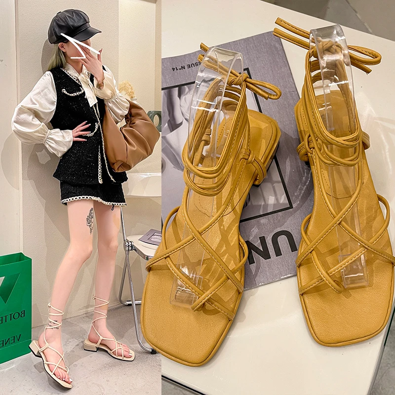 

Summer Women Sandals Square Toe High Heels Cross Strap Women Shoes Casual Gladiator Sandals Lace Up Footwear Zapatillas Mujer