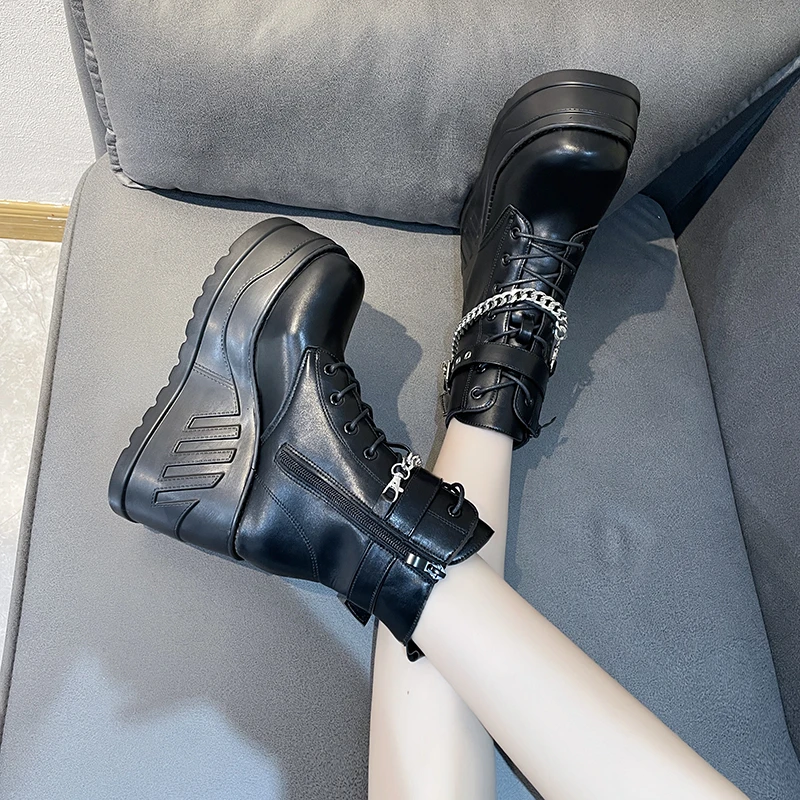 2022 Punk Style Super Wedge Heel Flat Metal Chain Women's Ankle Boots Super Platform Cross Lace Side Zip Muffin Heel Short Boots