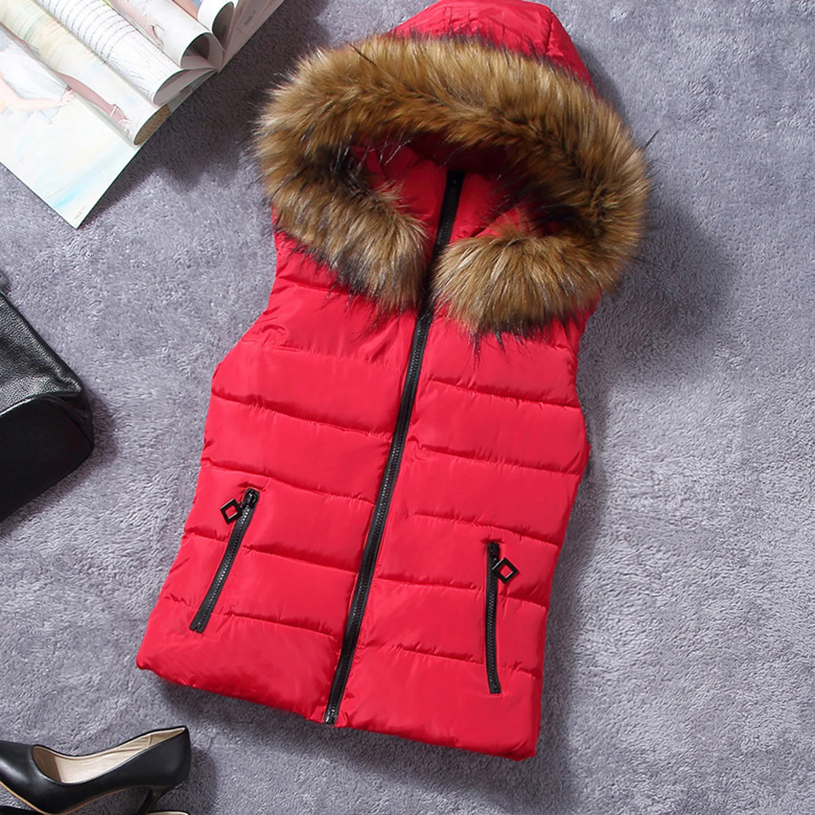 Winter Women Sleeveless Quilted Coats with Fur Hood Zipper Waistcoats Outwear Warm Casaco Feminino Inverno Down Jackets cotton