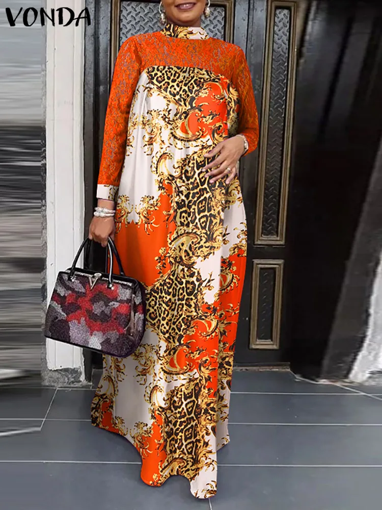 

Women Stylish Dress For Lady Long Sleeve Lace Patchwork Party Dress Vintage Printed Holiday Maxi Sundress Femme Casual Vestido