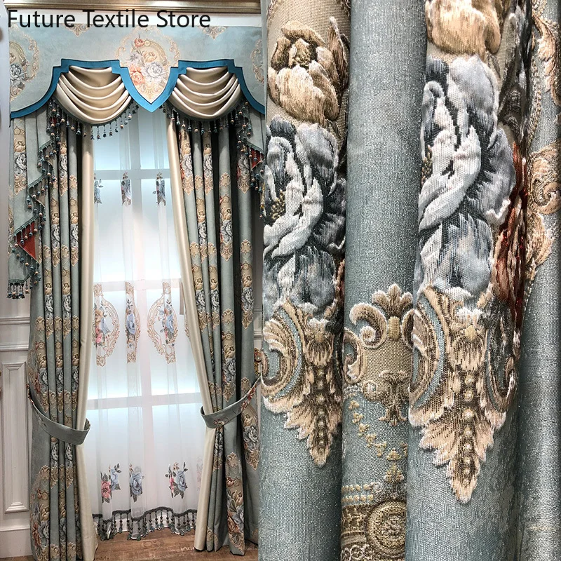 New Curtains for Living Room Dining Bedroom European Style High-end Yarn-dyed Jacquard Luxury Villa Shading Blue Luxury Flowers