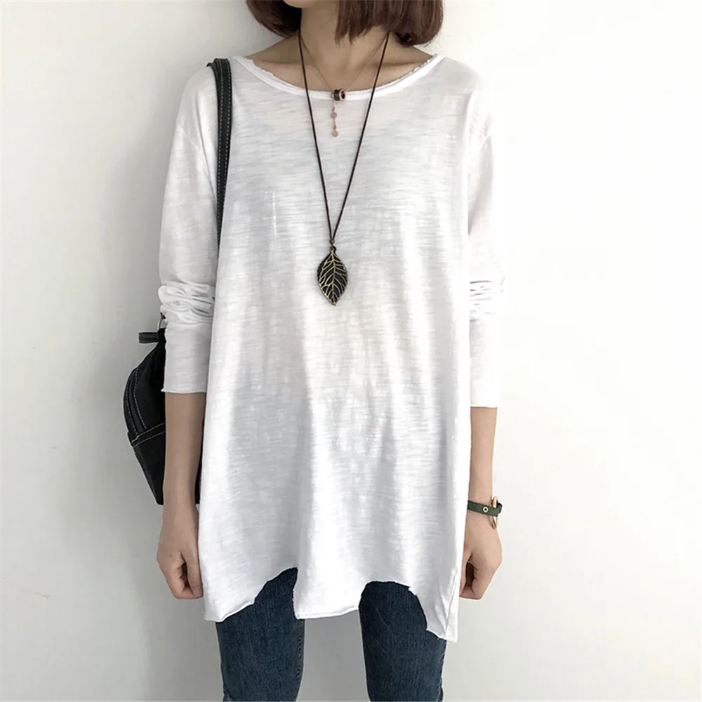 

Slub Cotton T-shirt Ins Super Hot White Long-sleeved Bottoming Shirt Irregular Casual Top Loose Mid-length Top New Japan Korean