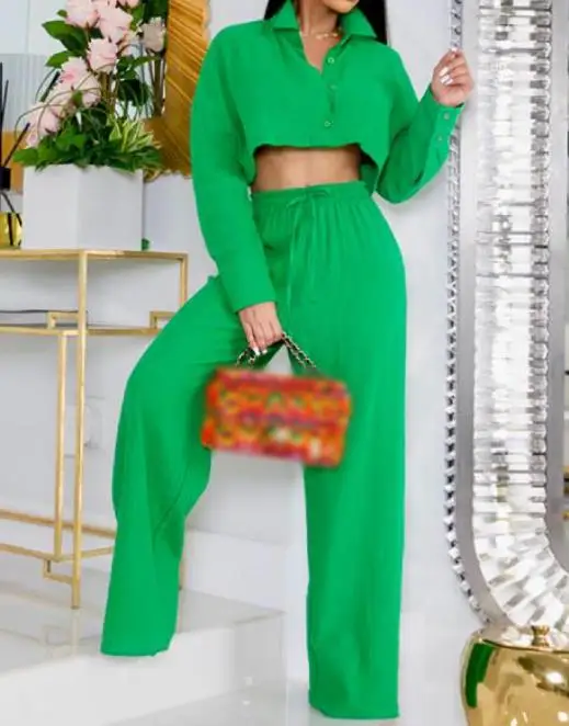

Autumn New Simple Solid Short Shirt Wide Leg Pants Casual Set