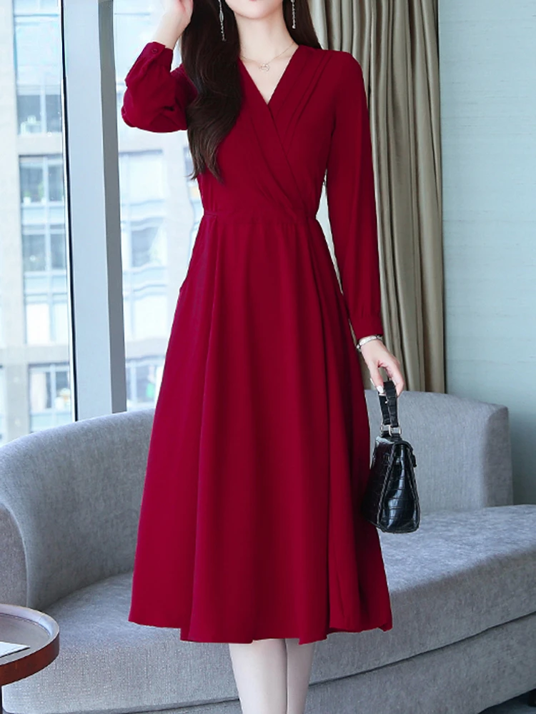 

French Fashion Chiffon Long Dress Female Autumn New V-neck Long Sleeve Black Red Dress Women Elegant Office Lady