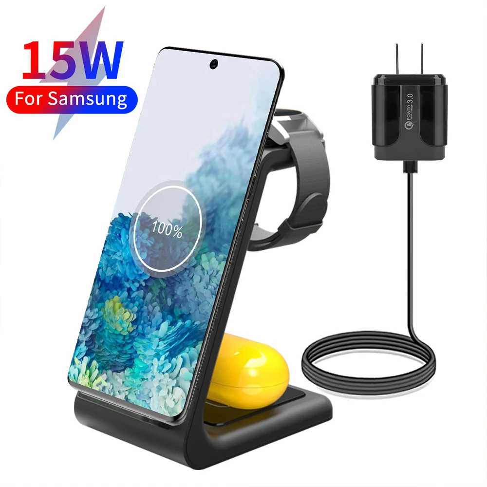 

3 in 1 Wireless Charger Stand For Samsung Galaxy Note Gear Active Watch Buds Pro Live 21 20 Ultra 10 S21 S20 15W Fast Charging