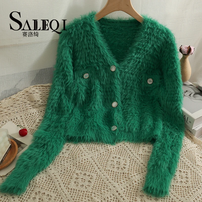 

Women Fluffy Long Sleeve Cardigan Vintage V Neck Casual Korean Fashion Knitwear Sweet Single Breasted Sweater Coat Y2k