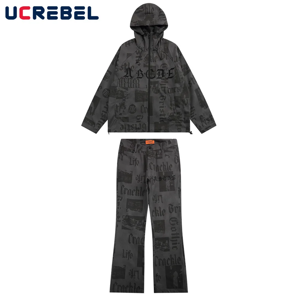Letter Full Print Two-piece Suit Mens Autumn Winter Streetwear Loose Hooded Jacket Vibe Style Casual Straight-leg Pants Men Sets